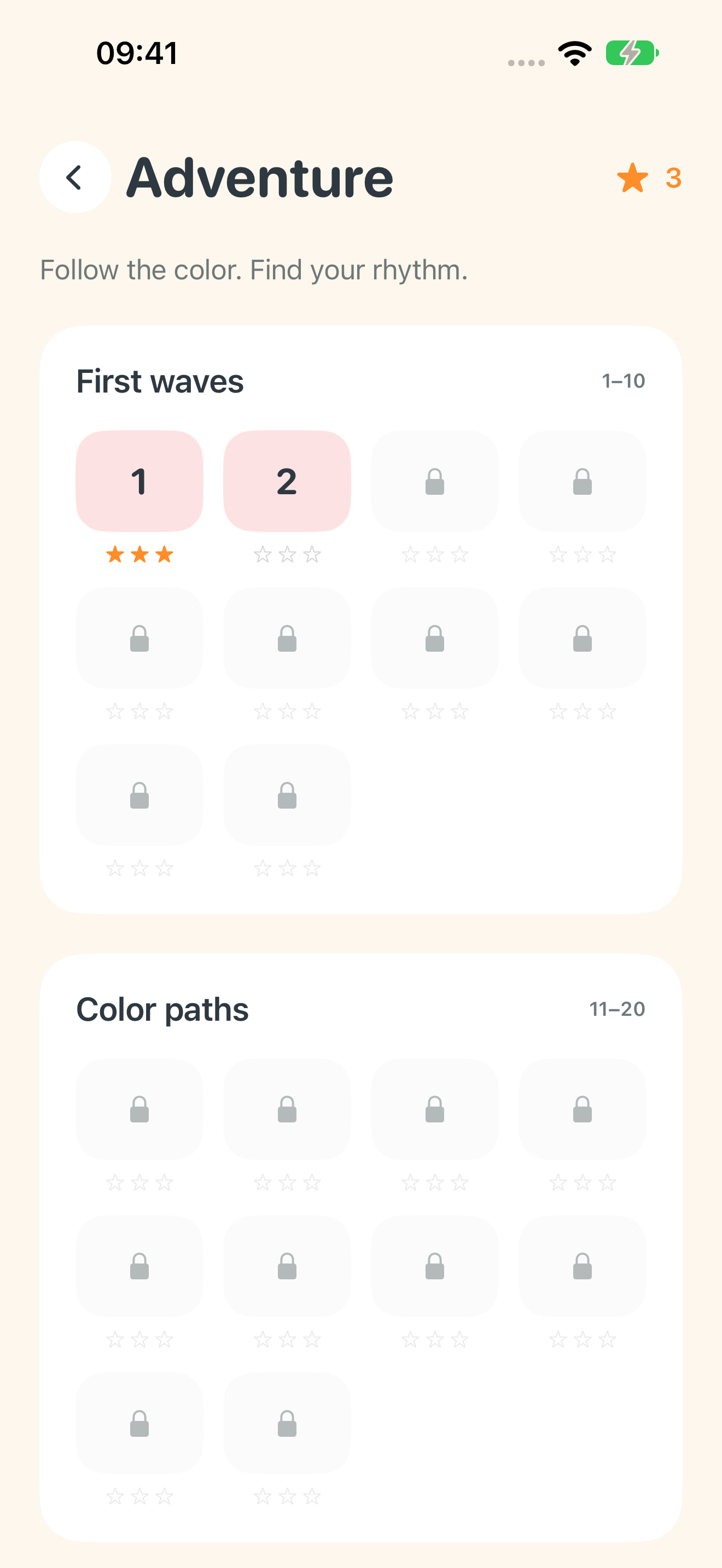 Adventure map showing numbered levels and earned stars